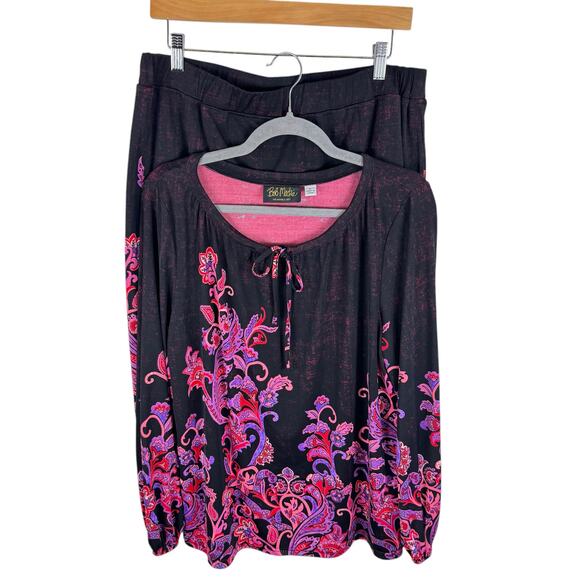 Bob Mackie Black Colorful Floral Stretchy Jersey Knit Skirt Blouse Set Size L - Picture 1 of 11